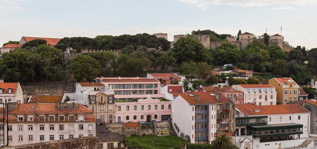 Uitkijkterras met pijnbomen en uitzicht over de daken van Lissabon